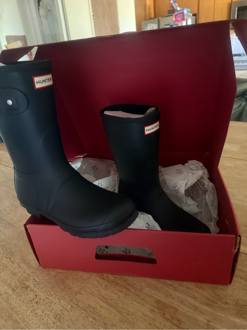 Hunter Black Short Women's Rain Boots with Red Logo